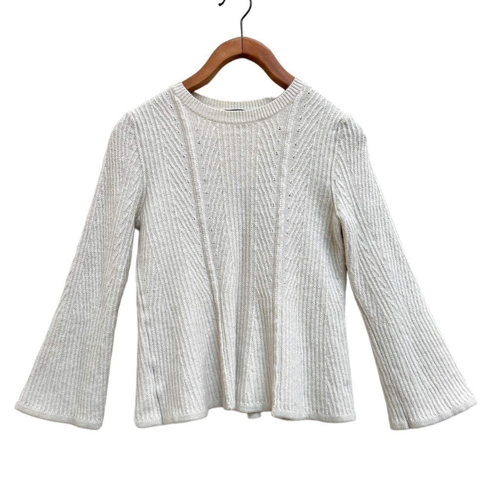 Ann Taylor Ribbed Wool Peplum Sweater Bell Sleeves Winter White, Size XS